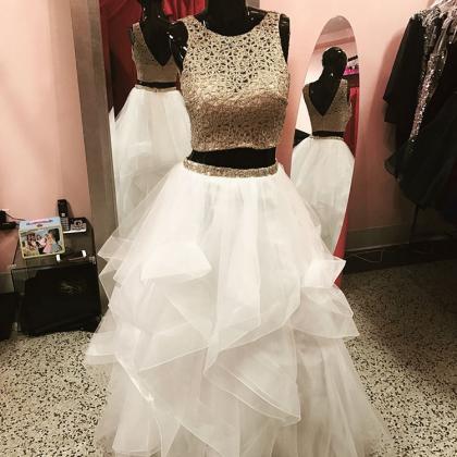Two Piece Prom Dress,white Ball Gowns ,gold..