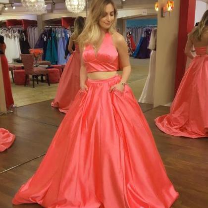 Two Piece Prom Dress,halter Prom Dress,pink Prom..