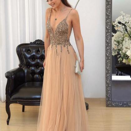 Champagne Prom Dress, V Neck Evening Gowns,tulle..
