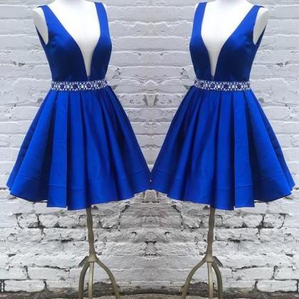 Royal Blue Homecoming Dress, V Neck Prom..