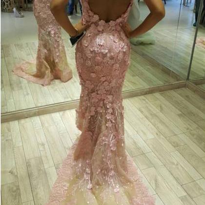 Pink Mermaid Dress,lace Evening Dress,mermaid Prom..