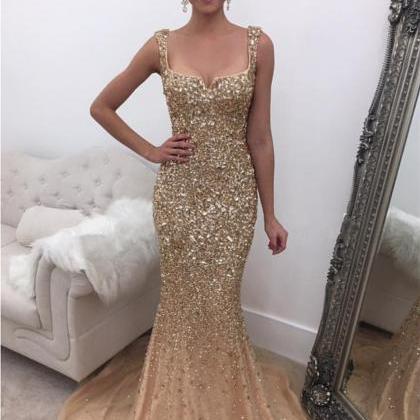crystal beaded prom dress,mermaid prom dress,champagne evening gowns,prom dresses 2018