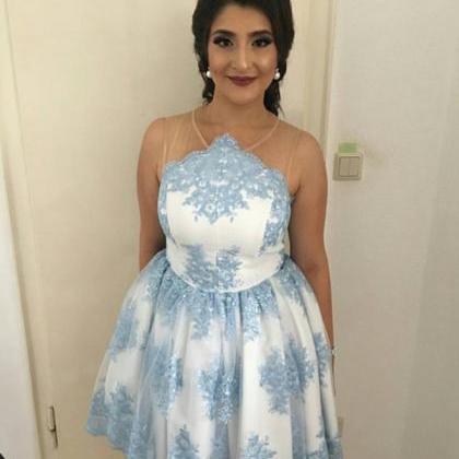 Light Blue Lace Embroidery Tulle Prom Short Dress..