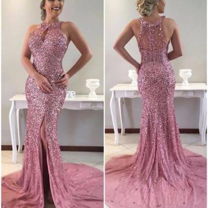 Halter Mermaid Gowns,Champagne Prom..