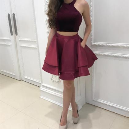 Two Piece High Neck Cut-out Burgundy Homecoming Party Dress PD035