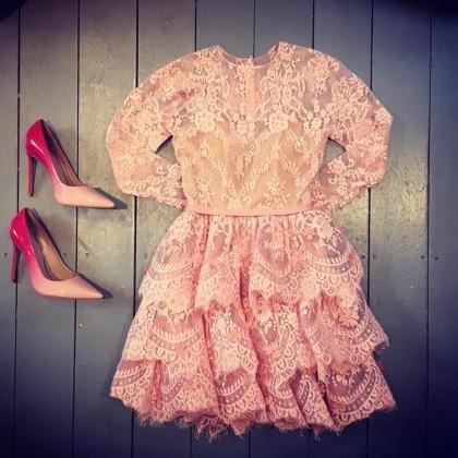Lace Homecoming Dress,long Sleeves Homecoming Dress,pink Prom Short ...