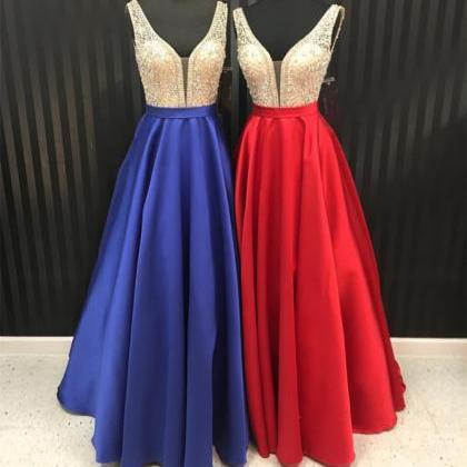 V Neck Prom Dress,long Satin Gowns,sexy Long..