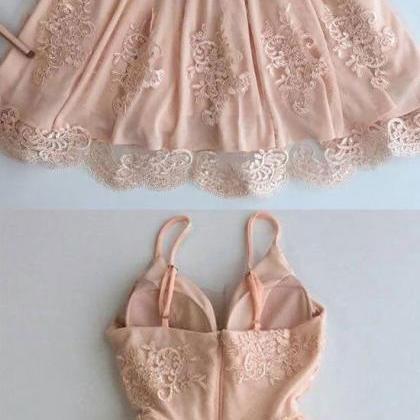 Nude Pink Homecoming Dress,short Prom Dress,v-neck..