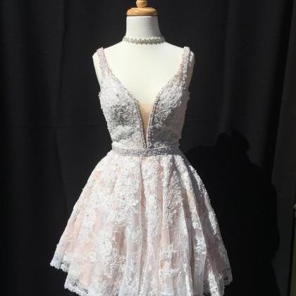 White Lace Homecoming Dress ,v Neck Prom Short..