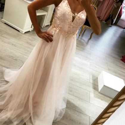 Elegant Prom Dress Lace Appliques,pink Prom..