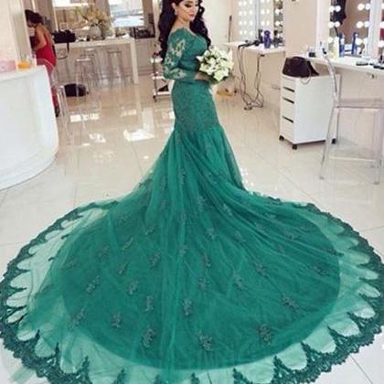 Green Lace Mermaid Evening Dresses,long Sleeves..