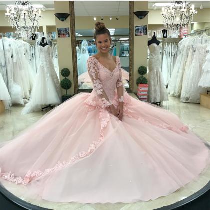Pink Quinceanera Dress,Long Sleeves..