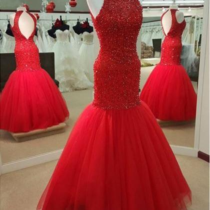 Red Mermaid Prom Dresses Beaded Lon..