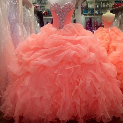 Beaded Sweetheart Coral Organza Ball Gowns..