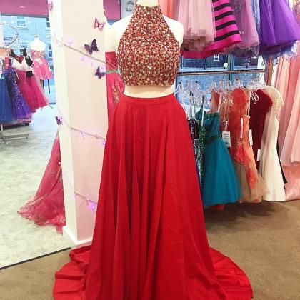 Gorgeous Pearl Beaded Red Chiffon Long Prom Dress..
