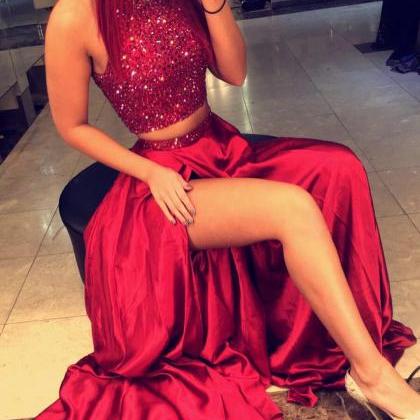 Burgundy Prom Dresses Two Piece Long Satin Evening..