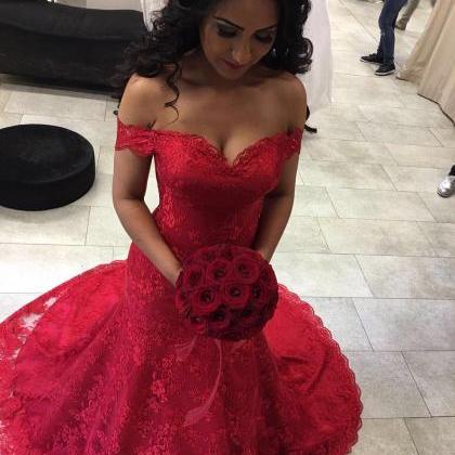 Sexy Off The Shoulder Burgundy Lace Mermaid Prom..