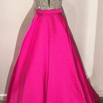Stunning Beaded V Neck Pink Ball Gowns Prom..