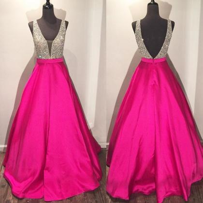Stunning Beaded V Neck Pink Ball Gowns Prom..