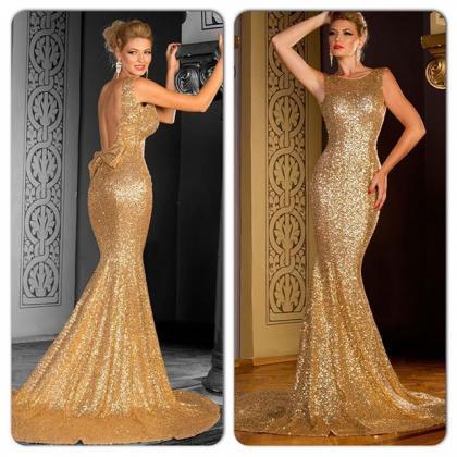 Gold Sequins Long Mermaid Evening Dress Long Prom..