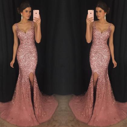 Crystal Beaded Prom Dress Mermaid ,Long V Neck Formal Dress,Pink Evening Gowns,Luxurious Mermaid Evening Dresses