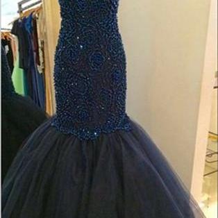 Stunning Beaded Halter Navy Blue Prom Dresses..