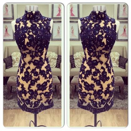 Black Lace Appliques Beaded Nude Tulle High Neck..