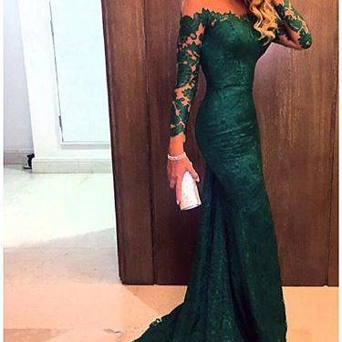 Sheer Long Sleeves Green Lace Mermaid Prom Dresses..