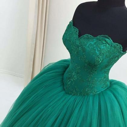 Green Lace Sweetheart Ball Gowns Prom..
