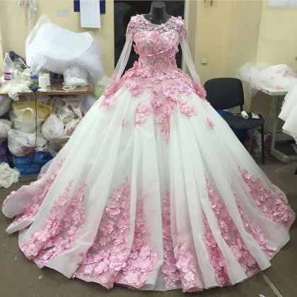 Pink Flower Long Sleeves Organza Ball Gown Wedding..