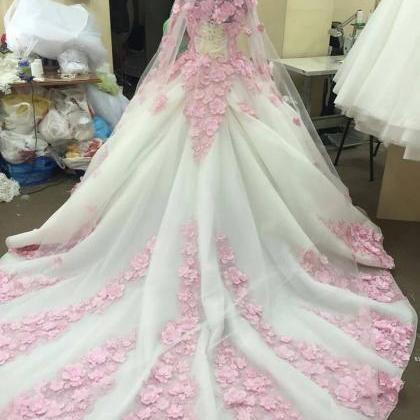 Pink Flower Long Sleeves Organza Ball Gown Wedding..