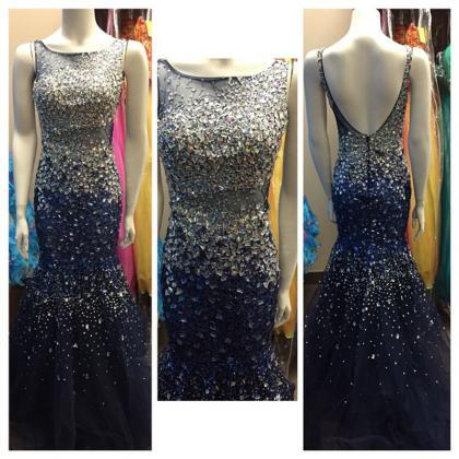 Navy Blue Prom Dress,crystal Beaded Mermaid Prom..