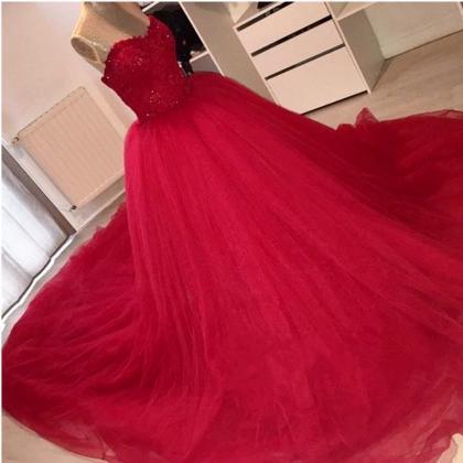 Red Lace Sweetheart Tulle Ball Gown Wedding..