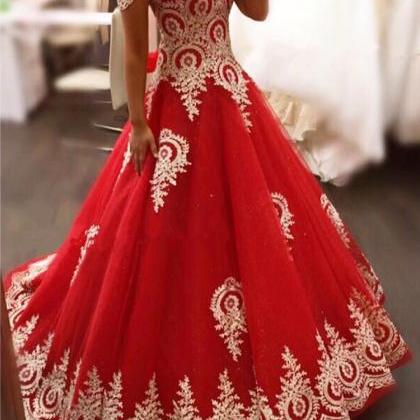 Gold Lace Appliques Prom Dress,red Evening..