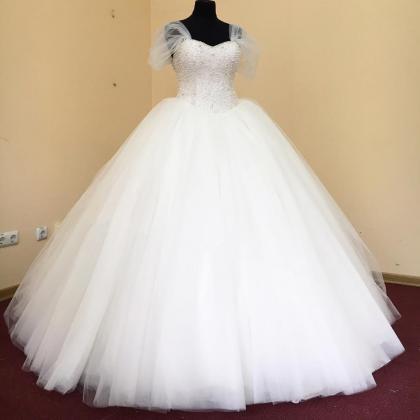 Pearl Beaded Sweetheart White Organza Ball Gowns..