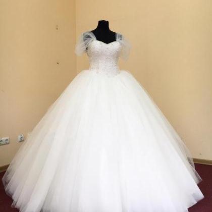 Pearl Beaded Sweetheart White Organza Ball Gowns..