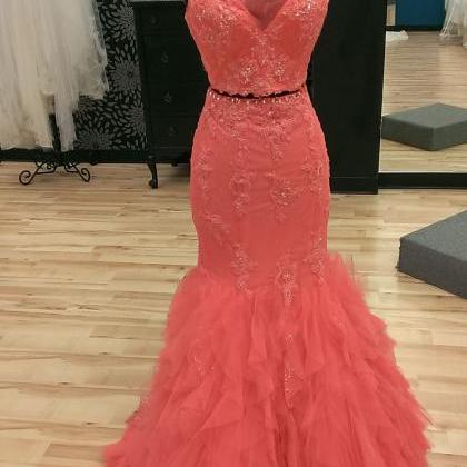 Coral Lace Appliques Two Piece Mermaid Prom Dress..