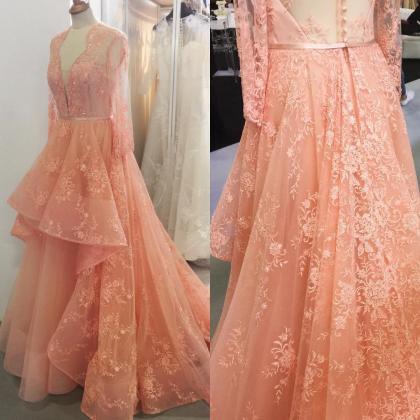 Coral Prom Dresses,lace Prom Dresses,long Sleeves..