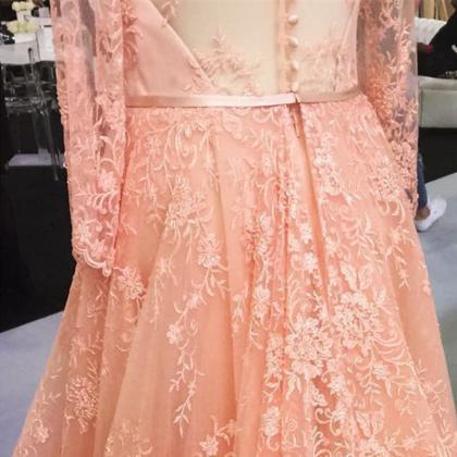 Coral Prom Dresses,lace Prom Dresses,long Sleeves..