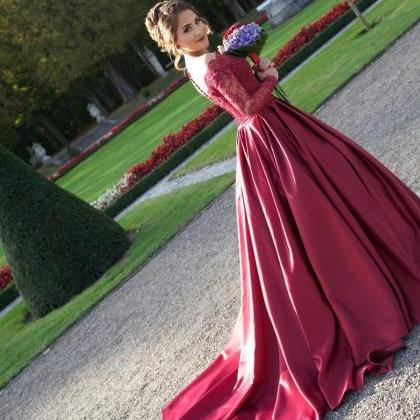 Illusion Neckline Long Sleeves Red Satin Ball..