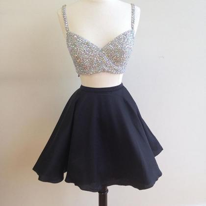 Beaded Top Black Satin Two Piece Homecoming..