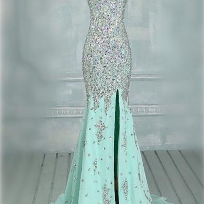 Fully Crystal Beaded Long Mint Green Prom Dresses..