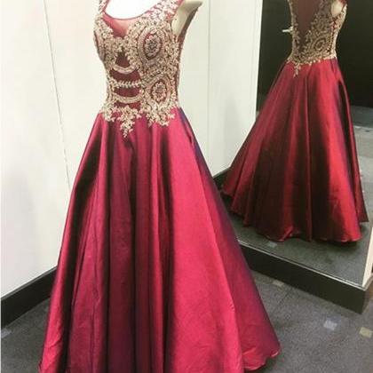 Gold Lace Appliques Long Satin Burgundy Prom..
