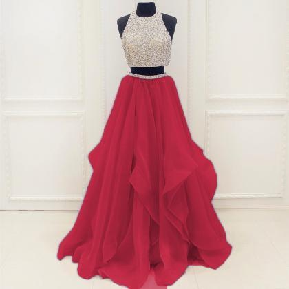 Two Piece Strapless Tulle Sequins Prom Dress with Ruffles LBQ1373