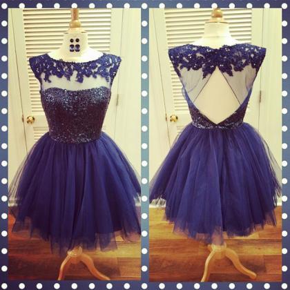 Navy Blue Sequins Cap Sleeves Homecoming Dresses..
