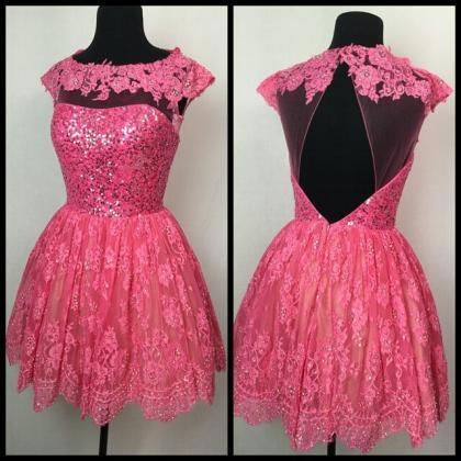 Pink Lace Homecoming Dresses Cap Sleeves Open Back..