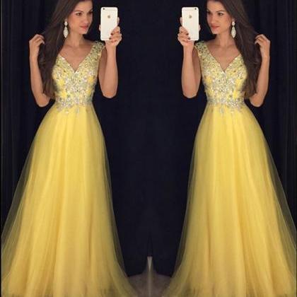 Glitter Beading V Neck Long Yellow Prom Dresses..