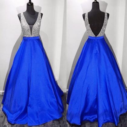 Sparkly Beaded V Neck Long Satin Ball Gowns Prom..