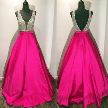 Sparkly Beaded V Neck Long Satin Ball Gowns Prom..