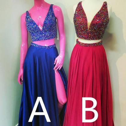 Two Piece Prom Dresses,satin Prom Gowns,prom..